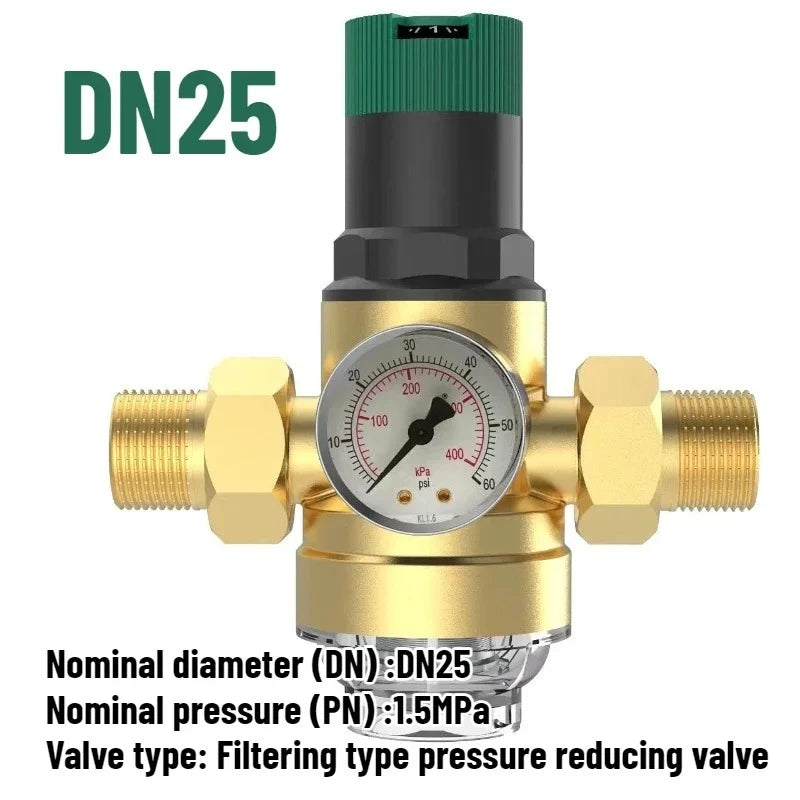 Tap Water Pressure Reducing Valve Adjustable Brass Double Union Pipe Water Purification with Gauge Filter Valve DN15/20/25/32