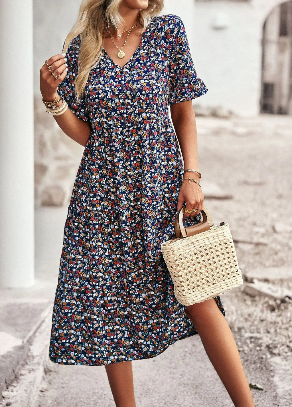 Msfilia Fashion V Neck Elegant Printed Dress Women Summer Short Sleeve High Waist A Line Floral Holiday Dresses