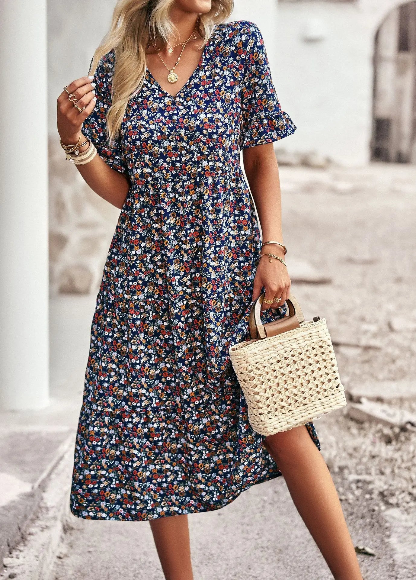 Msfilia Fashion V Neck Elegant Printed Dress Women Summer Short Sleeve High Waist A Line Floral Holiday Dresses