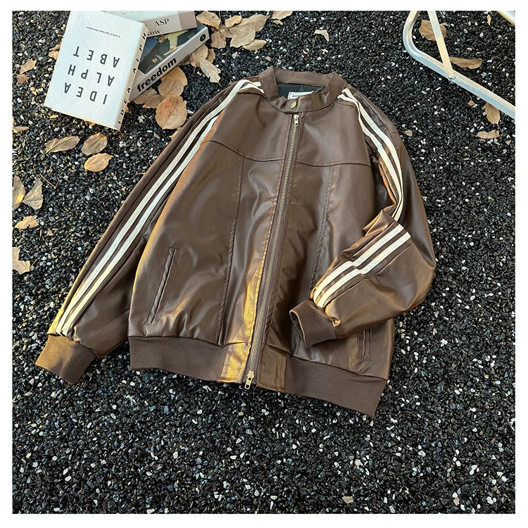 Men's Brown Leather Jacket American Retro Patchwork Striped Outerwear Youthful Style Summer Biker Coat Long Sleeve Zipper Clo...