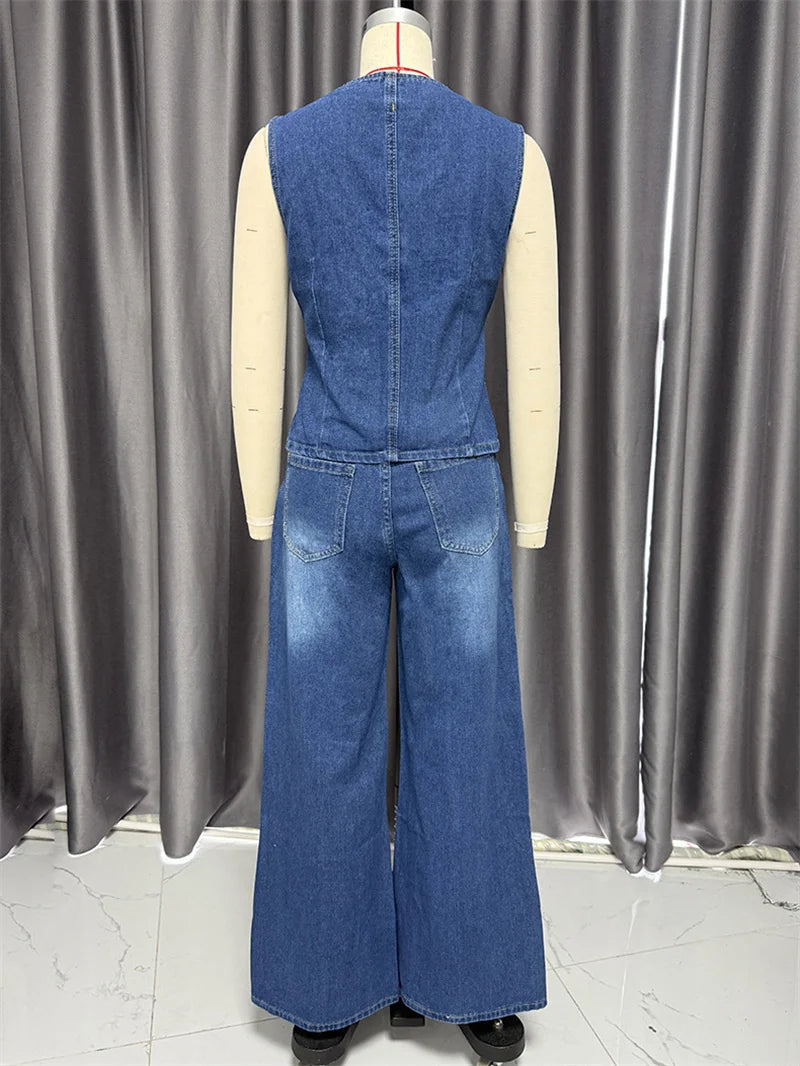 Streetwear Denim 2 Piece Sets Women Outfit Spring Summer Women 2025 Sleeveless Vest Top Wide Leg Pants Sets Jeans Two Piece Set