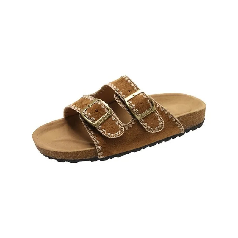 Women's Flat Slide Sandals Open Toe Suede Look Double Buckle Strap Slip on Whipstitch Detail Casual Summer Daily Walking Shoes