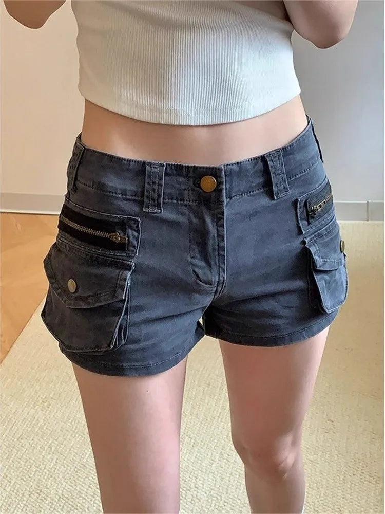 Women's Grey Cargo Jeans Shorts Pocket Y2K Japanese Harajuku High Street 2000S Style Aesthetic Sexy Retro Denim Shorts Clothing