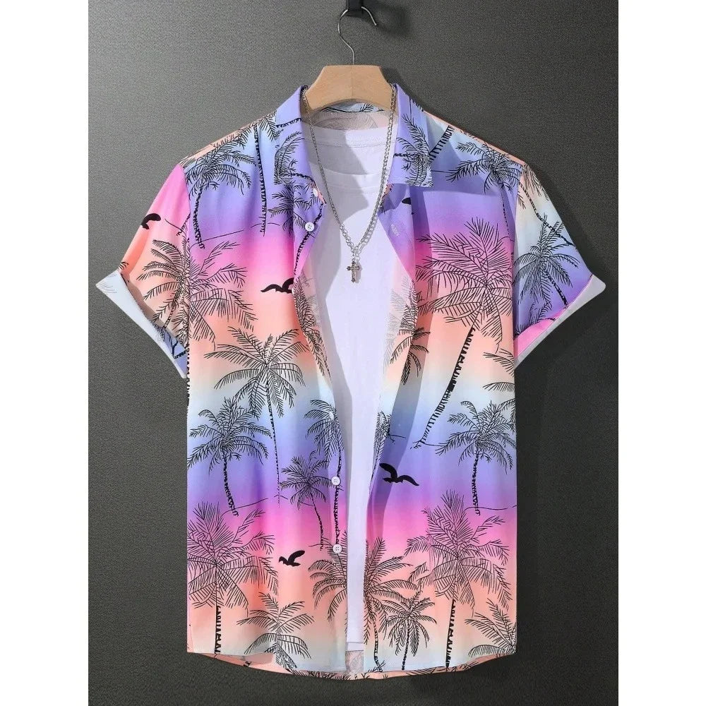 Cat Cartoon Print Shirt] Plus Size 3D Digital Print Cartoon Fun Men's Short Sleeve Button Shirt Fashion Hawaiian Vacation Shirt