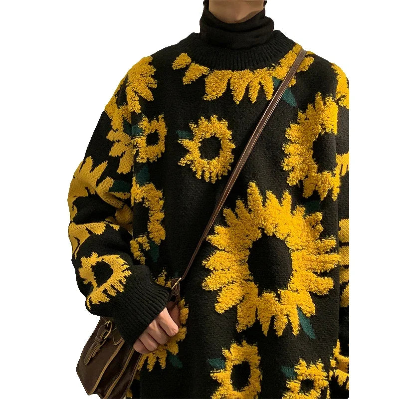 Flocking Floral Sweaters Men Baggy Spring Autumn Japanese Style Retro   High Street Harajuku Knitwear Slouchy Ins