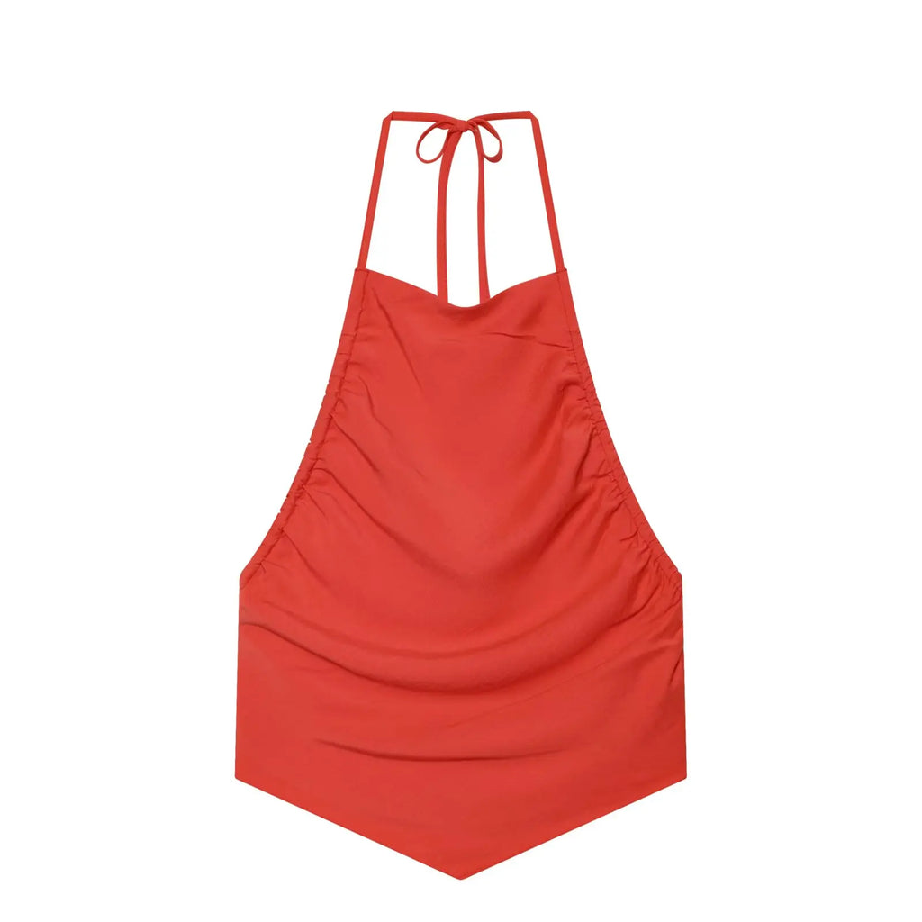 HXAO Red Ruffled Pants Sets Women's Suit Halter Crop Backless Sleeveless Top 2 Piece Set Chic High Waist Baggy Trousers Outfits