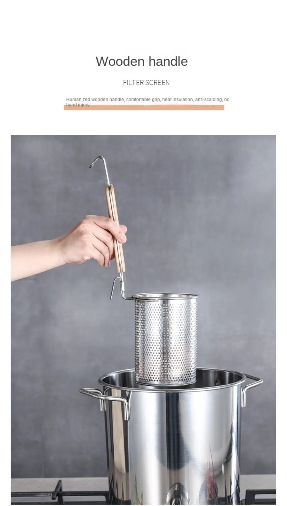 Durable Thickened Stainless Steel Funnel Kitchen Gadgets Wooden Handle Pasta Basket Strainer Multifunctional Noodle Funnel