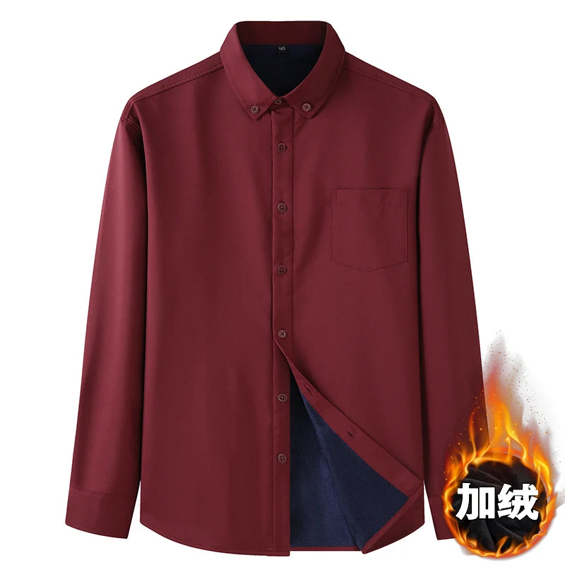 Men Shirt Casual Warm Fleece Long Sleeve Red Plus Size 6XL 7XL 8XL 10XL Oversize Formal Autumn Winter Flannel Thick High Quality