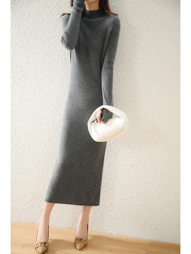 Autumn and winter semi high neck drawstring high elasticity slim fit 100% wool pullover dress, mid length over knee cashmere