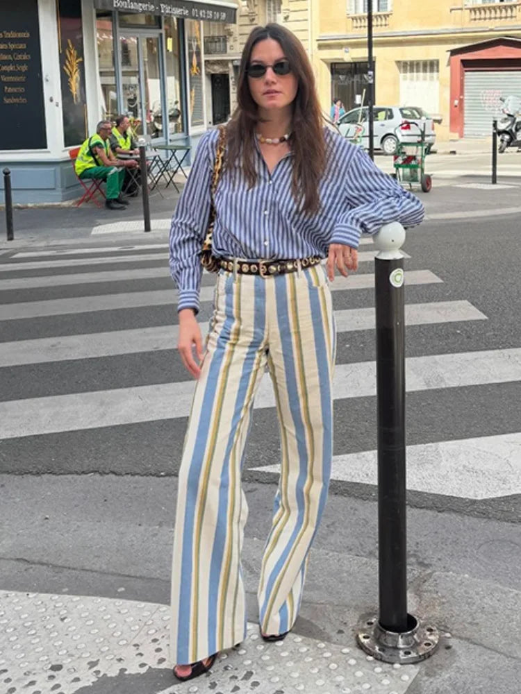 Casual Women's Red Striped Pants Button Zipper Double Pockets Straight Straight Leg Trouser 2026 Spring Summer Fashion Lady Pant