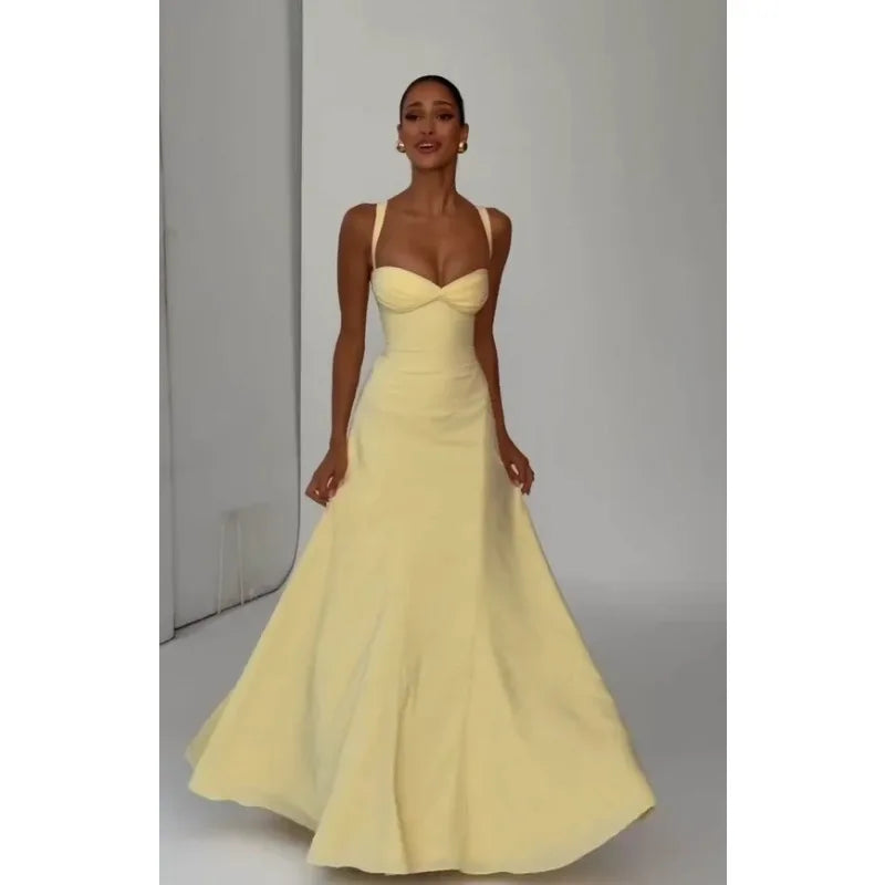 Women Yellow Low Cut Backless High Waisted Dress Lace Up Sleeveless Waist Cincher Spaghetti Strap Vestidos Party Club Women Robe
