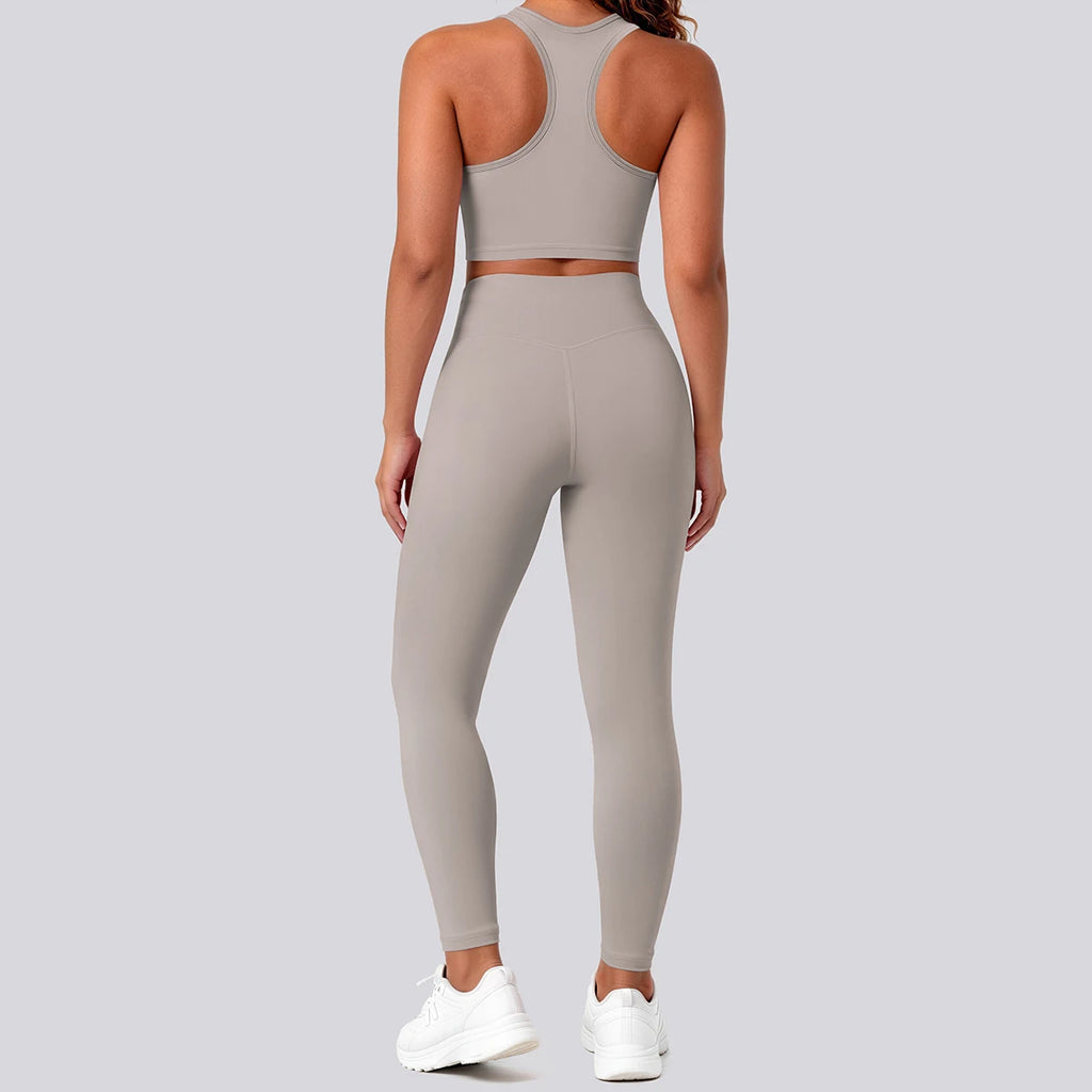 2PCS Solid Color Yoga Set for Woman's Gather Beautiful Back I-shaped Vest Shock-absorbing Running Yoga Tank Top Push Up Pants