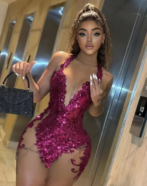 Sexy Black Halter Short Prom Dresses Black Girls Beads Rhinestones Sheer Mesh Baddie Dress For Birthday Mini Cocktail Customized