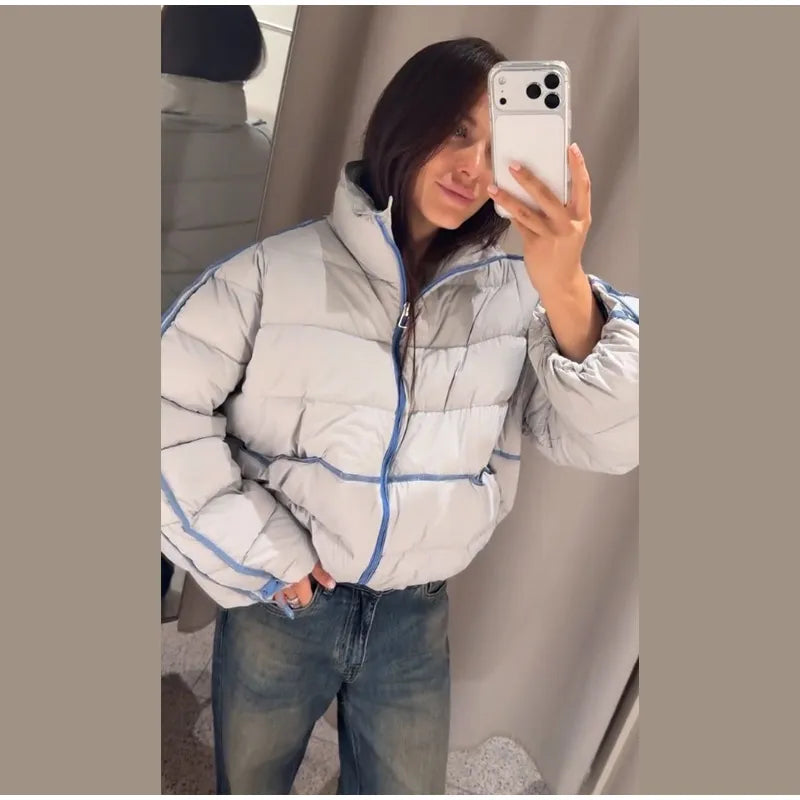 Casual Contrasted Color Women's Cotton Coats Zippers Stand Collar Loose Lady Thicken Jackets 2026 Autumn Winter Female Tops New