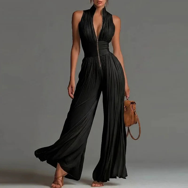 Sexy Deep V Neck Hollow Zip Jumpsuit Women's Spring Solid High Waist Wide Leg Romper Summer Sleeveless Pleated Vacation Overalls