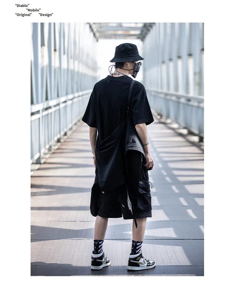 2023 Ribbon Hip Hop Punk Techwear Kimono Oversized Shirts Mens Japan Style Harajuku Casual Cargo Shirt Cloak