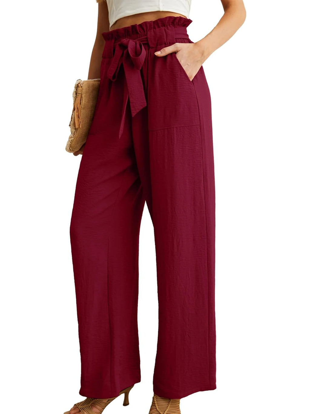 Women's High Waist Wide Leg Casual Pants with Pockets Adjustable Drawstring Loose Slimming Comfortable for Vacation