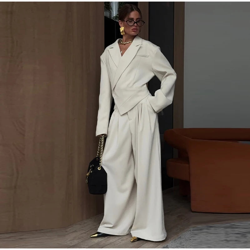 Women Solid Top Pants Set Lapel Neck Single Breasted Oversized Coats Ruff Leg Loose Pants Set Lady Spring Chic Casual Sets Wear