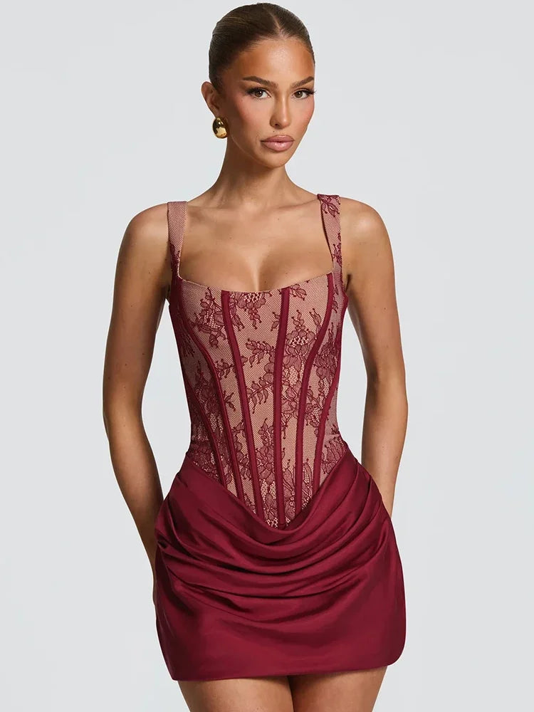 Satin Lace Corset Patchwork Mini Dress Women Square Neck Wide Strap Ruched Bodycon Short Dresses Sexy Club Party Cocktail Robes