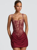 Satin Lace Corset Patchwork Mini Dress Women Square Neck Wide Strap Ruched Bodycon Short Dresses Sexy Club Party Cocktail Robes