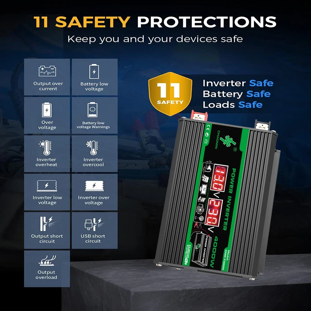 4000W Solar Inverter Portable Power Bank DC 12V to AC 110/220V Dual USB LCD Display Car Converter for Camping RV Universal Plug