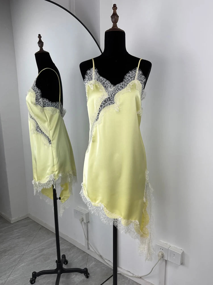 Tuularose Women's Lace Spaghetti Strap Dress Sexy Sleeveless Lace Patchwork Asymmetrical Dress Summer Party Looks Elegant Dress