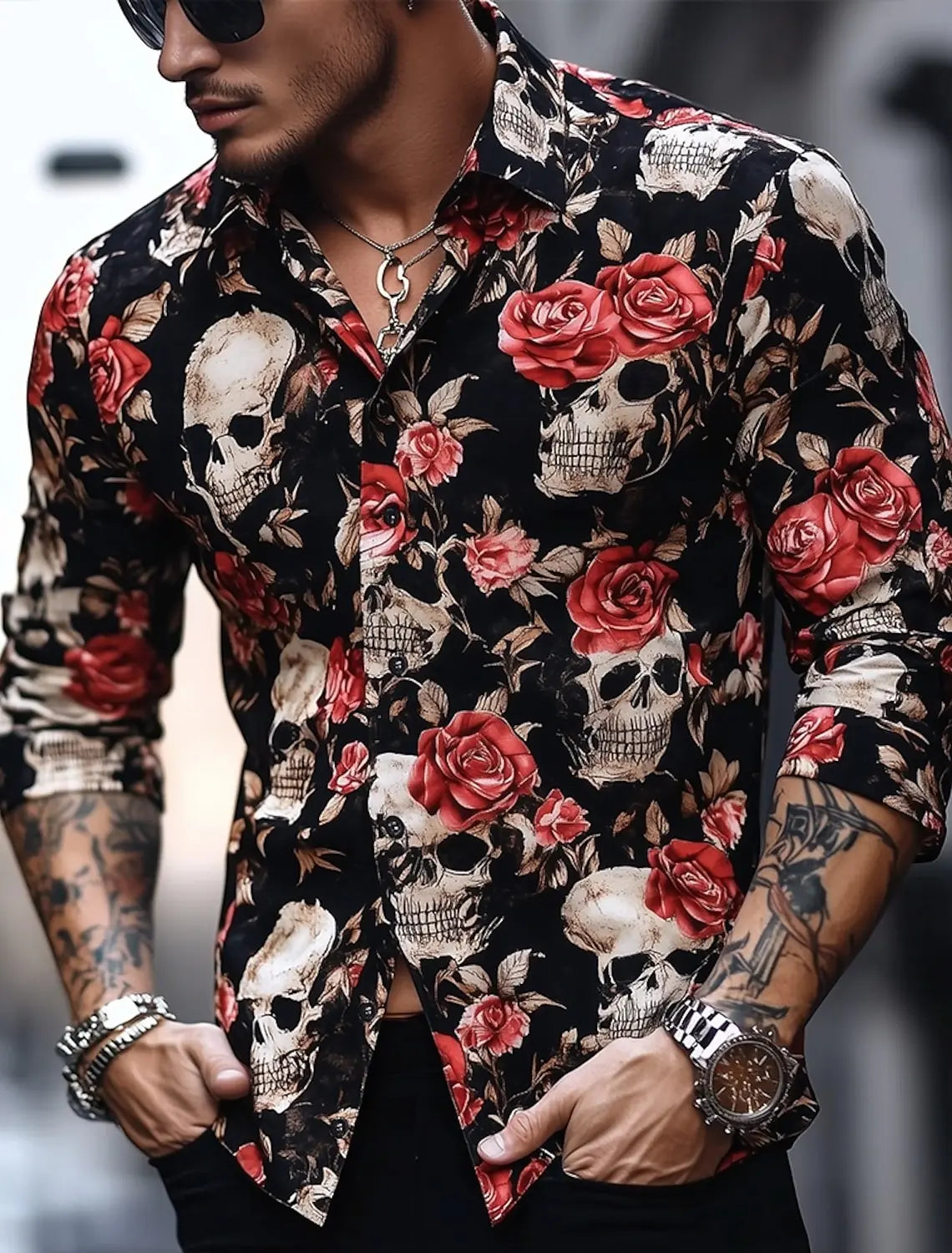 2025 Halloween Theme Men's Halloween Costumes Skulls Shirt Button Up Shirt Casual Dress Shirt Long Sleeve Dark Gothic Style Tops