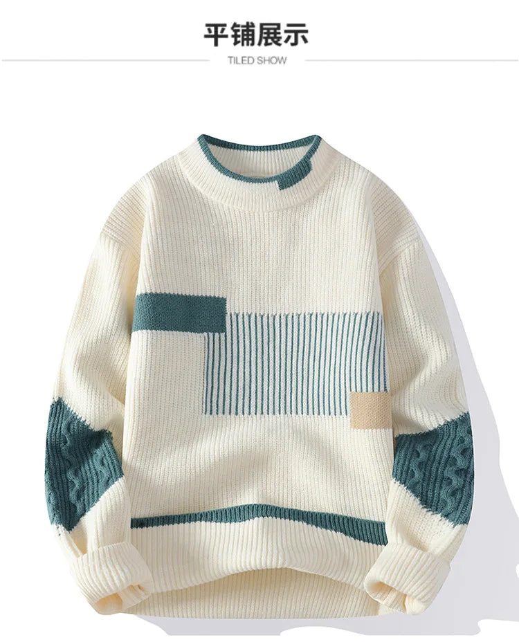 New Men's Mock Neck Knitted Sweaters Fashion Patchwork Knitting Pullovers Autumn Winter Daily Casual Warm Pullover Sweaters Male