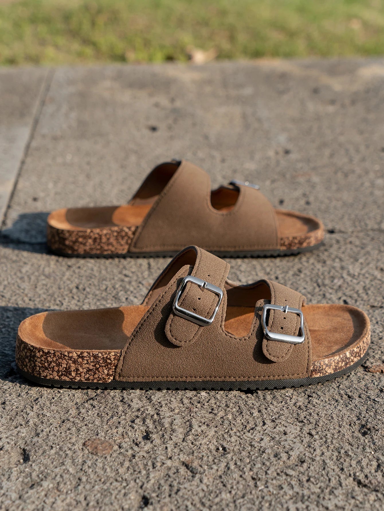 Women's Teen Mules New Spring and Summer Vintage Casual Slip-On Shoes Pu Upper Double Strap Half Slippers with Adjustable Buckle
