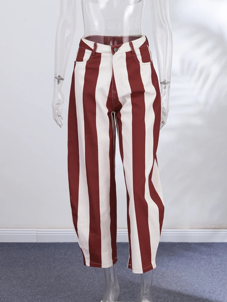 Colorful Striped Wide Leg Trousers Women Bohemian High Waist Multi-color Panelled Slim Straight Pants Fashion Lady Beachwear New
