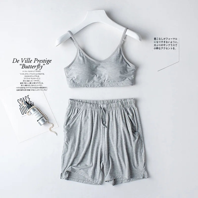 Spring/Summer Ladies Pajamas Sling + Shorts Modal With Chest Pad Solid Color Homewear Set Pajamas Sleepwear Lingerie