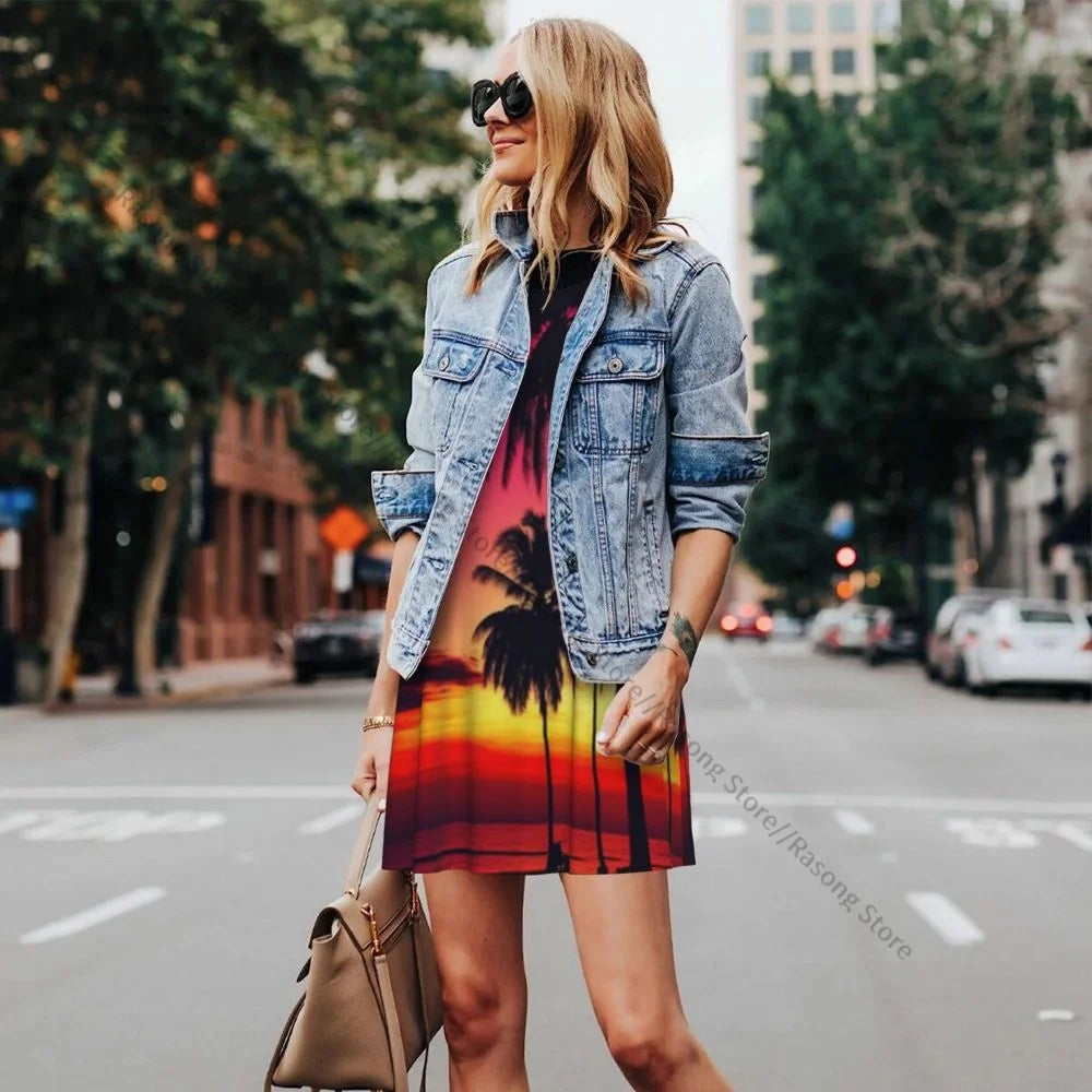 Women's Dress Colorful Sunset On Tropical Ocean Beach With Coconut Palm Trees Summer Casual T Shirt Beach Cover up Tank Dress