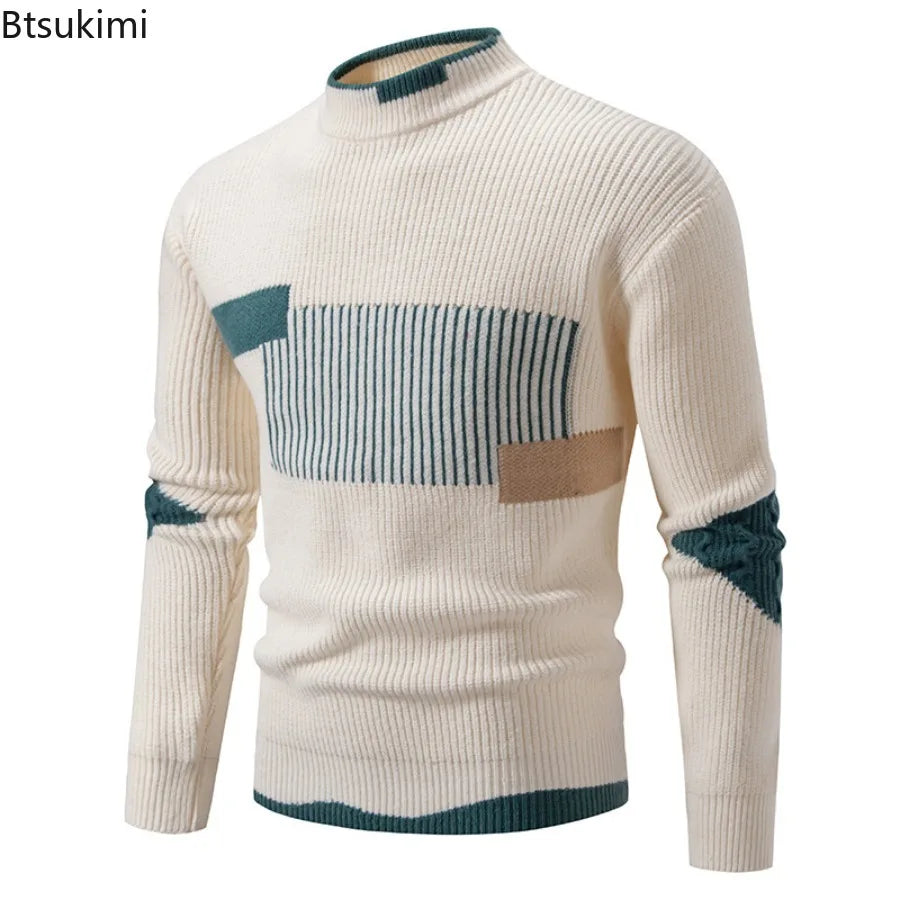 High Quality Men's New Autumn Winter Sweaters Casual Warm Mock Neck Pullovers Trend Color Blocking Design Men Sweaters Knit Tops