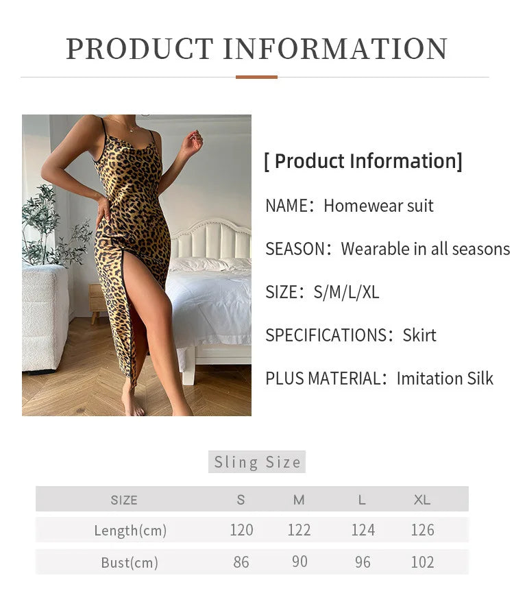 Summer women’s ice-silk spaghetti-strap dress; faux silk leopard-print pyjamas and loungewear; women’s backless, slit-hem spaghe
