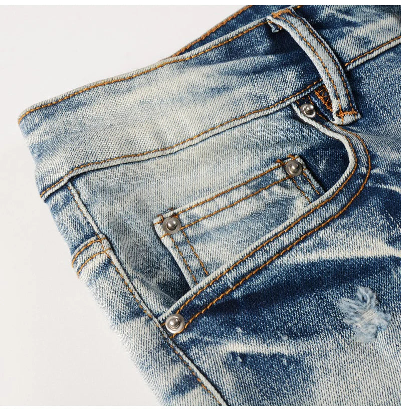 Men Paisley Bandana Print Patch Jeans Streetwear High Stretch Denim Pants Holes Ripped Patchwork Skinny Tapered Trousers