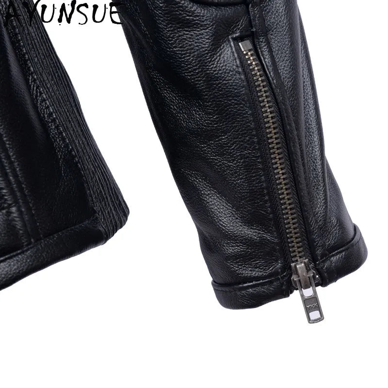 AYUNSUE Pure Cowhide Men Leather Jacket Fashion Stand Collar Short 100% Genuine Cow Leather Real Jacket Slim-fit Motorcycle Wear