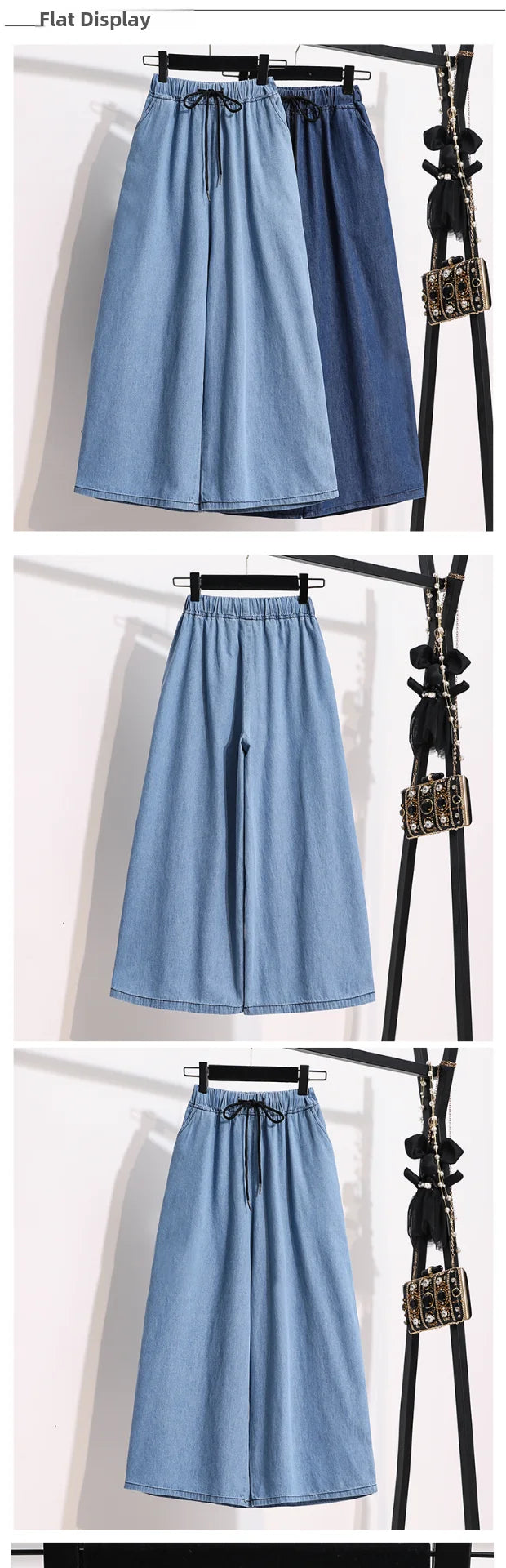 Loose Waist Dstring Denim Wide Leg Pants Women's plus Size Slimming Casual Straight Workwear Seven-Foot Pants Summer