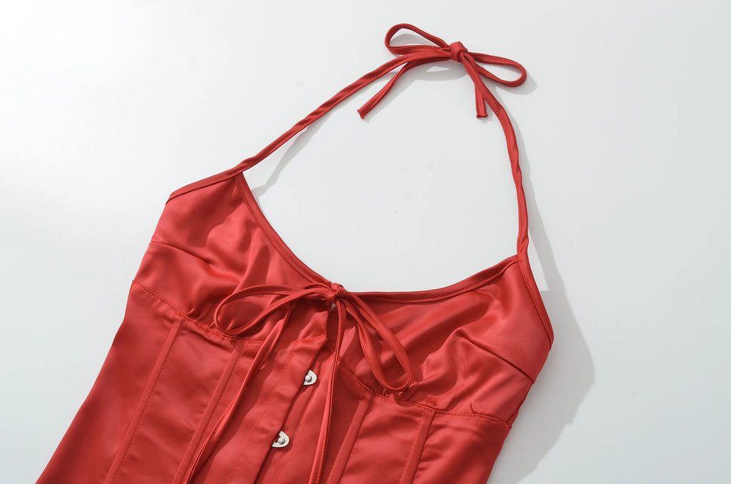Summer Red Satin Ruched Bra Hook Buttons Sexy Corset Women Cross Lacing Up Bandage Back Tank Tops Bodycon Strapless Crop Top