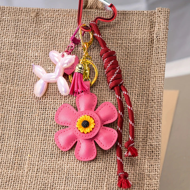 Creative Key Pendant Leather Sunflower Braided Rope Handing Pendant Girl's Bag Charms Women Keyring Hanging Ornament