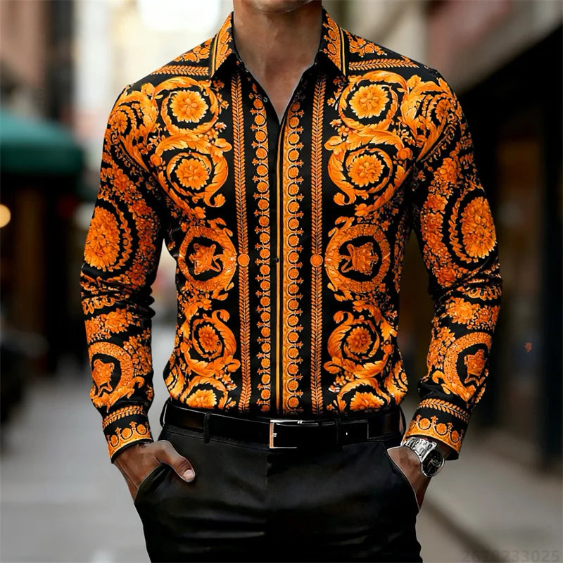 Men's Shirt Luxury Baroque Style Gold Pattern Long Sleeve Shirt Fashion Slim Palace HD Print Shirt AliExpress Hot Sale XS-6XL