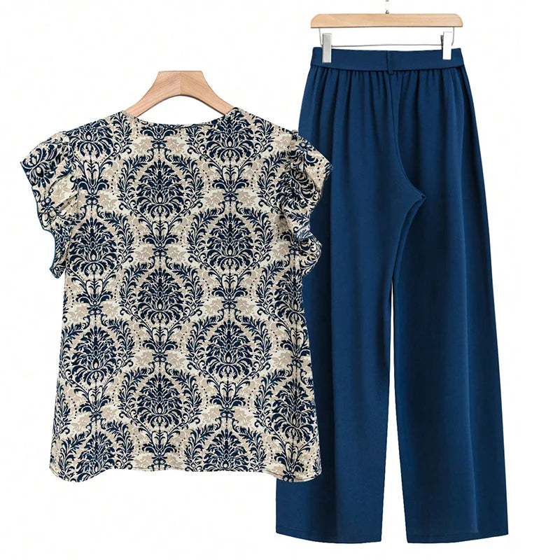 Summer Women Casual Two Piece Sets Vintage Printed Short Sleeve Loose Shirt High Waist Drawstring Pants Women Homewear