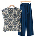 Summer Women Casual Two Piece Sets Vintage Printed Short Sleeve Loose Shirt High Waist Drawstring Pants Women Homewear