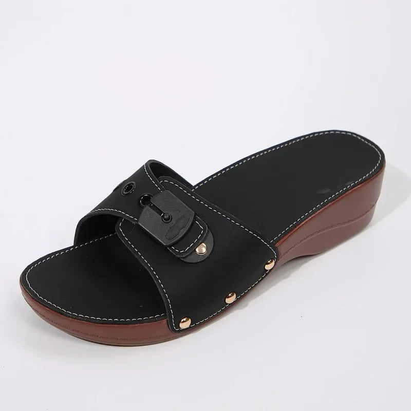 Women Platform Slippers Summer New Women Slip on Adjustable Belt Buckle Rivet Wedge Heel Sandals Female Casual Beach Shoes