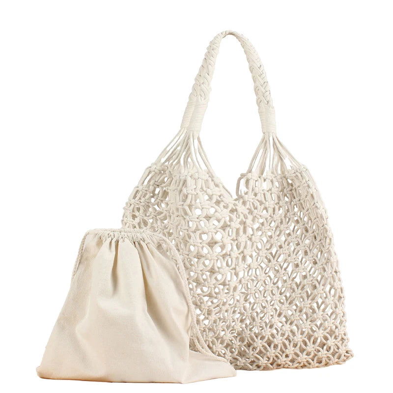 Hollow Crochet Mesh Woven Shoulder Bag With Inner Pocket,Women Solid Color Handbag,Summer Work Beach Vacation Commuting Tote Bag
