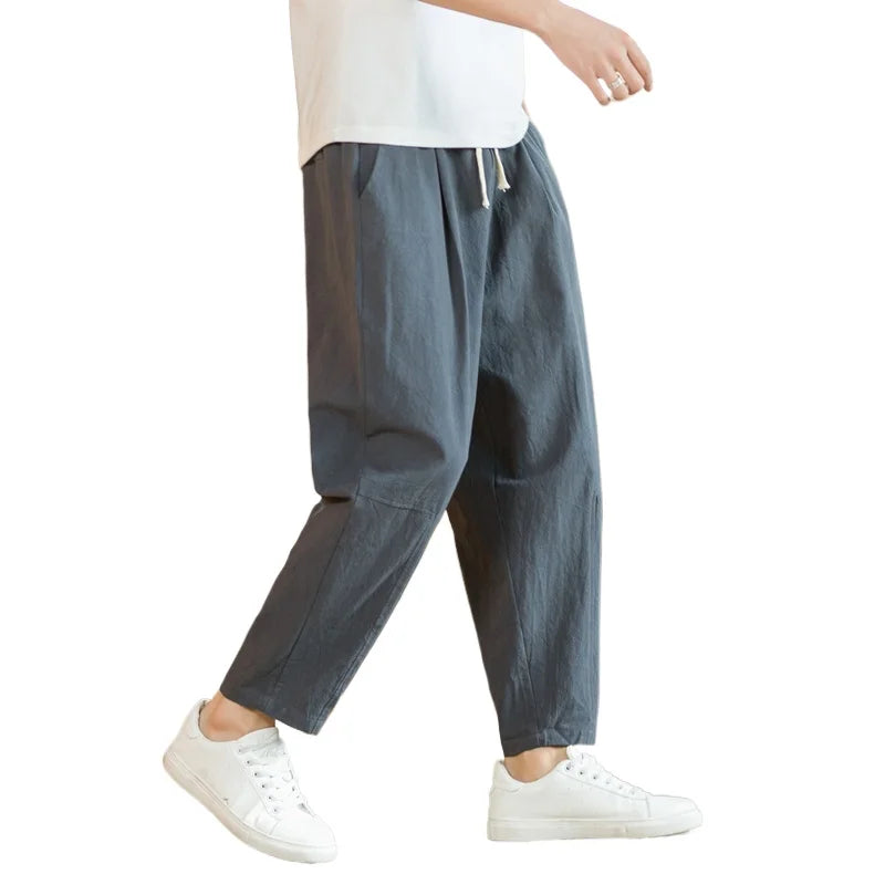 New Cotton Linen Mens Pants Casual Solid Color Breathable Streetwear Loose Straight Drawstring Baggy Lightweight Sport Pants