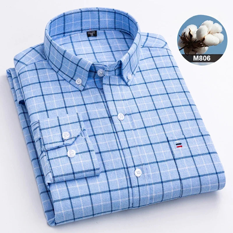 New in ShirtPlus Size 7XL 100% Cotton Sanding Long-Sleeve Shirts for Men Slim Fit Plain Shirt Striped Plaid Single Pocket Clothe