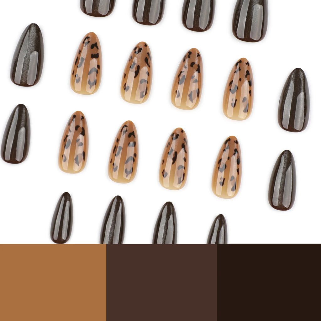 Autumn Winter Short Almond Shaped Wearable Nail Tips Leopard Print Cat Eye Design Ready-made Nail Art Tips for Easy Application