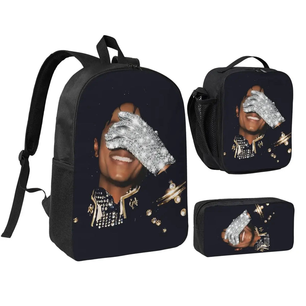 MJ Pop Legend Music 3pecs/set Backpack for Student Shoulder Bag Lunch bag Pencil Case
