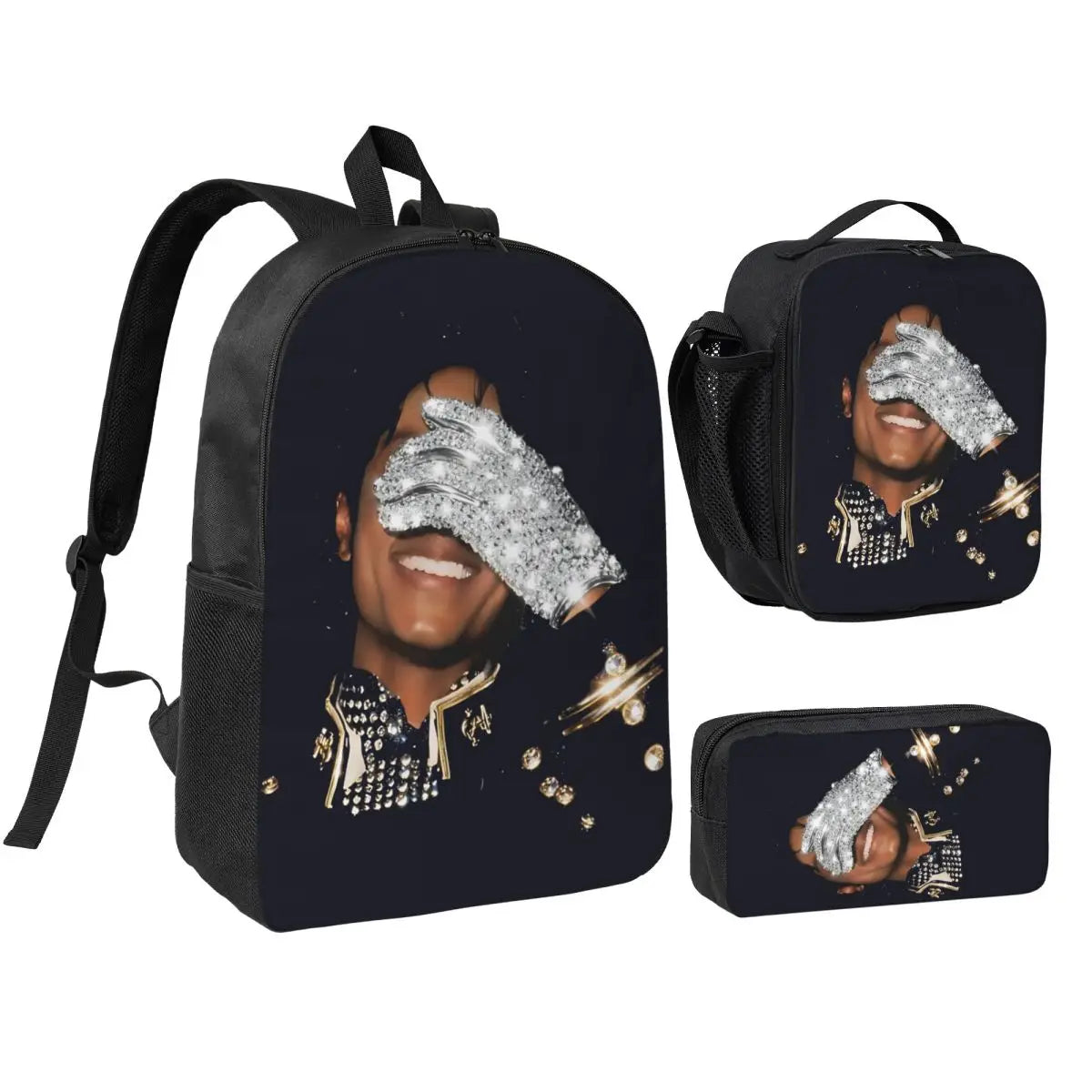 MJ Pop Legend Music 3pecs/set Backpack for Student Shoulder Bag Lunch bag Pencil Case