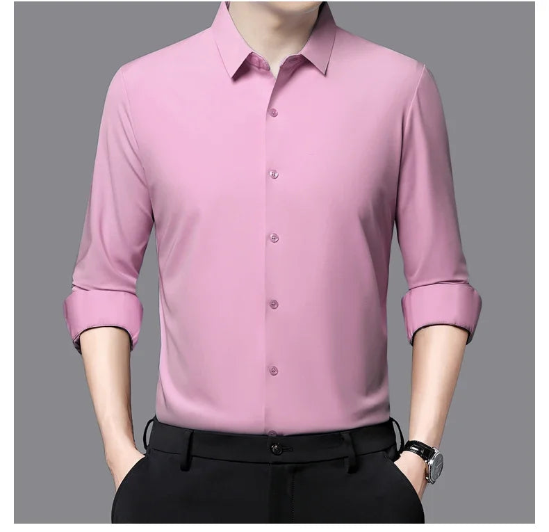 Seamless Anti-wrinkle Business Silky High Elastic Spandex Men's Long-sleeved Shirt Formal Social Non-iron Solid Color Casual